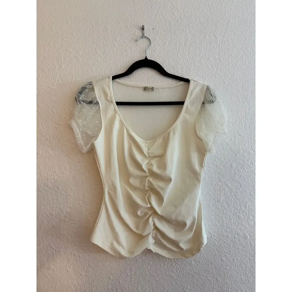 Free People Cream Ruched Puff Sleeve Top Size Medium